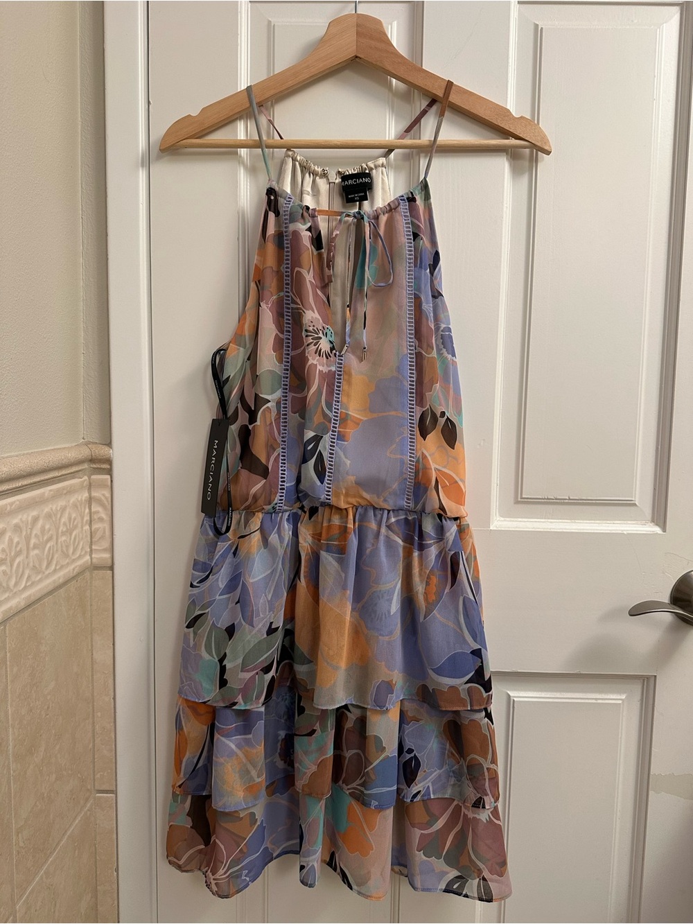 Marciano Floral Tiered Halter Dress in Lavender Multi